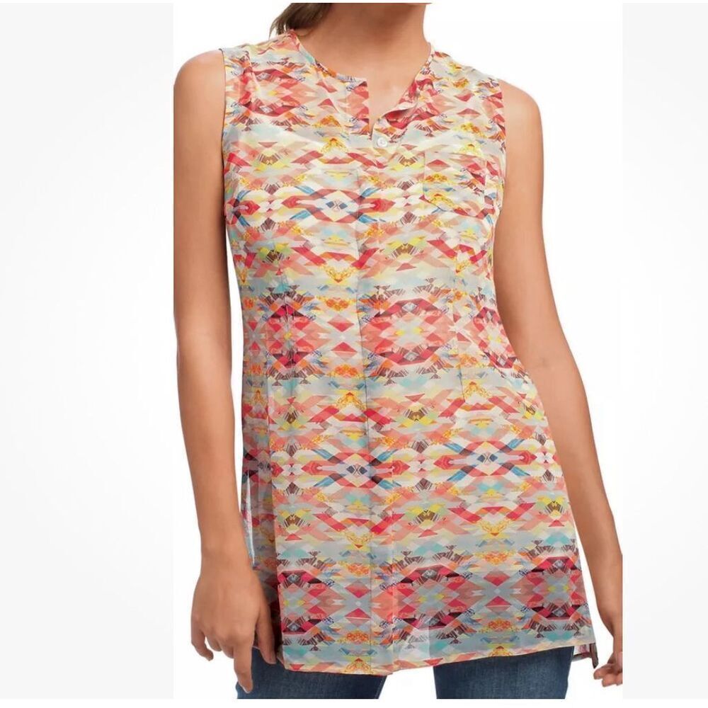 Cabi Avery Multi-Color Sleeveless Sheer Button Front Tunic size M
